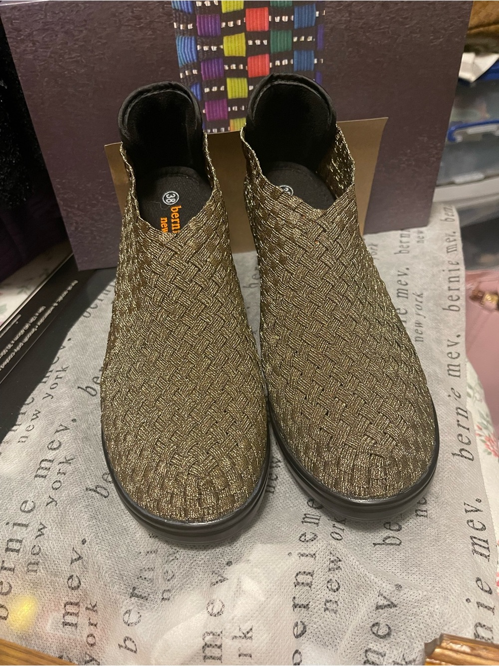 bernie mev. Women Metallic Bronze Woven Slip-On Boots
